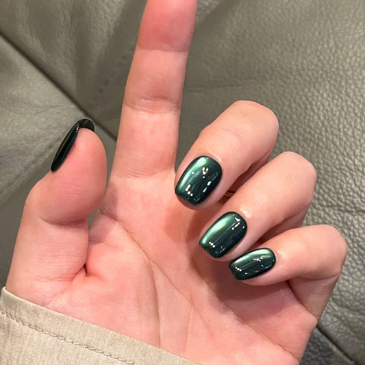 Mystical Forest Short Square Dark Green Iridescent Press-On Nail Set with Stunning Shine