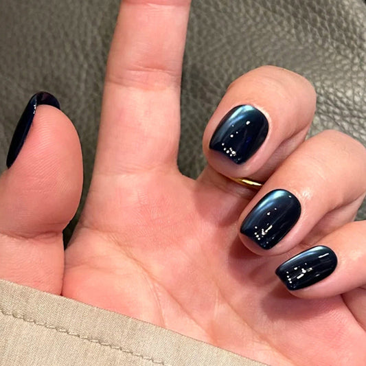 Mystical Midnight Short Square Press On Nail Set in Deep Blue with Iridescent Shine