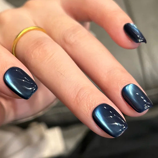 Mystical Midnight Chic Short Square Glossy Dark Blue Nails with Stunning Shine