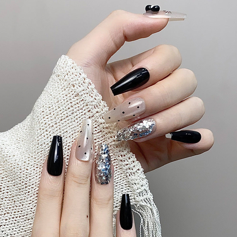 Glamorous Night Sky Long Coffin Black and Clear Glittered Press-On Nail Set