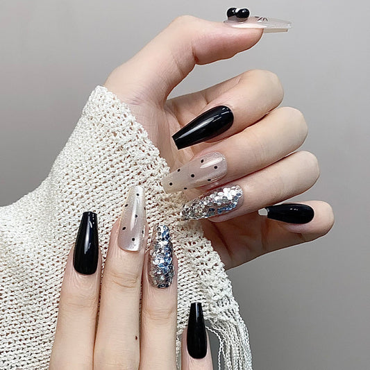 Glamorous Night Sky Long Coffin Black and Clear Glittered Press-On Nail Set