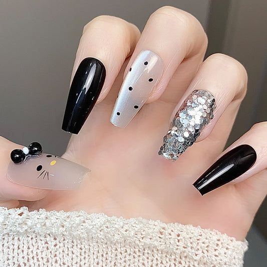 Cozy Cat Inspired Long Coffin Black and Clear Nails with Festive Glitter and Whimsical Kitty Design