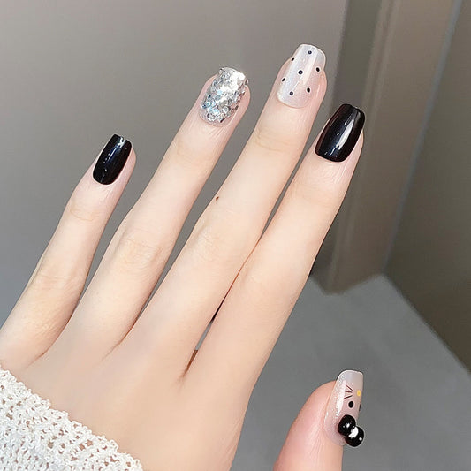 Whimsical Night Sky Short Square Black and Silver Glitter Press-On Nail Set with Adorable Cat Accents