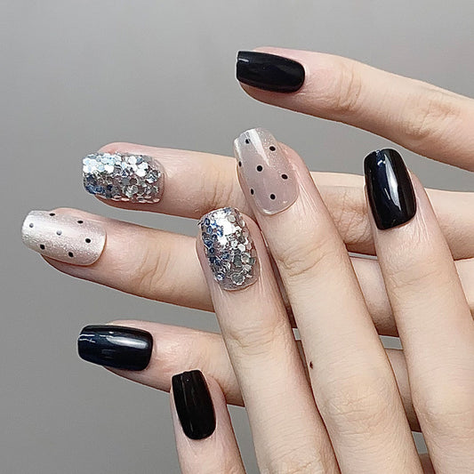 Glamorous Midnight Shine Short Square Glossy Black and Sparkling Glitter Accents Nail Set