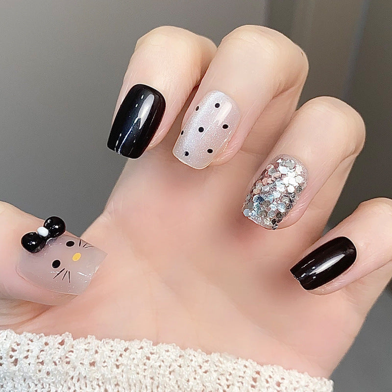 Charming Whimsy Short Square Black and Glittery Silver with Cute Cat Design Press on Nail Set