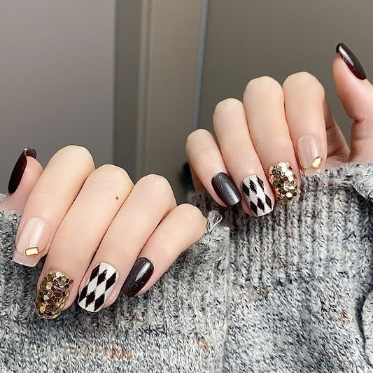 Glamorous Evening Elegance Short Square Burgundy Black and Gold Glitter Accent Press On Nail Set