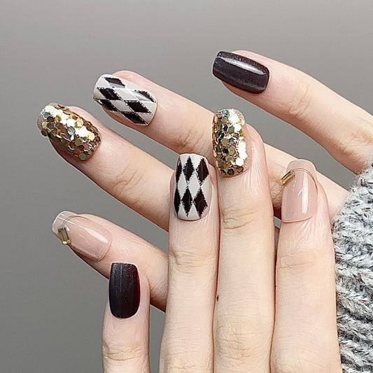Glamorous Evening Elegance Short Square Black and Gold Sparkle Press On Nail Set