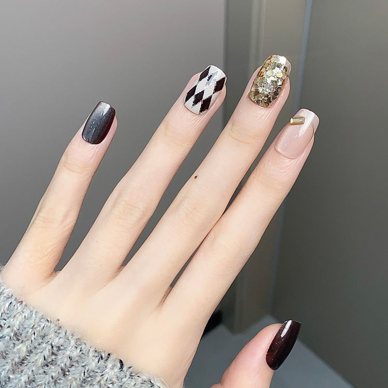 Glamorous Elegance Medium Square Black White Gold Glitter Elaborate Design Press On Nail Set