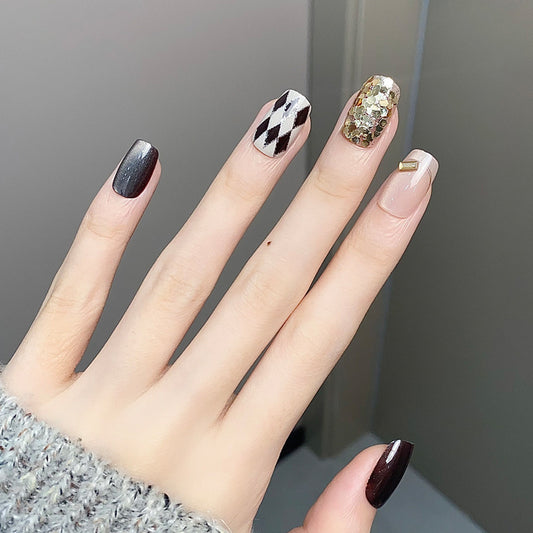 Glamorous Elegance Medium Square Black White Gold Glitter Elaborate Design Press On Nail Set