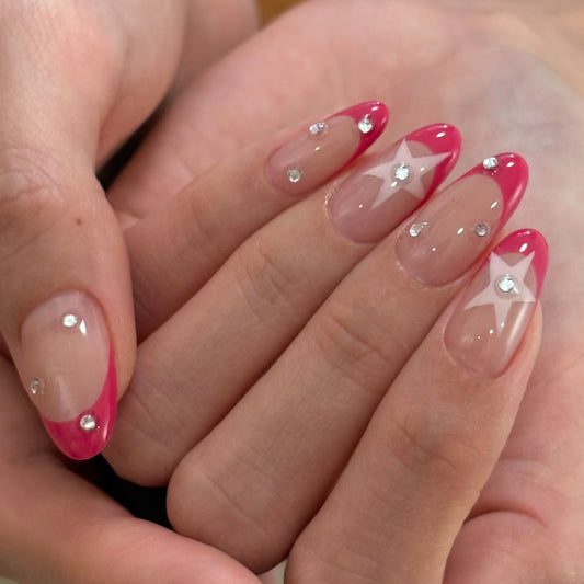 Glamorous Radiance Medium Almond Pink French Tip Press On Nail Set with Stunning Gem Accents