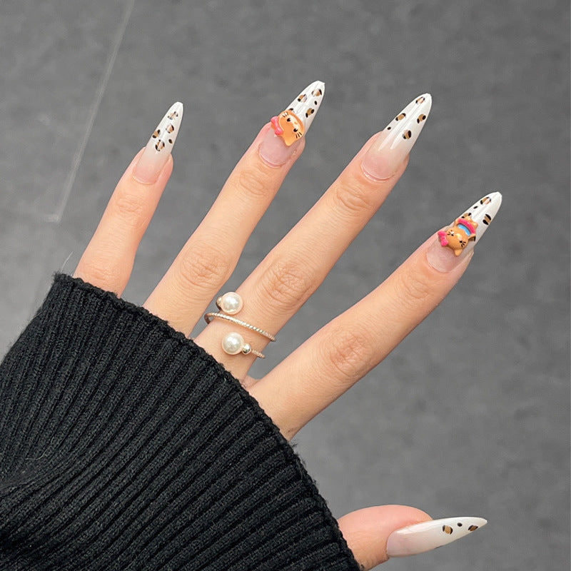 Charming Whimsical Long Almond White Press On Nail Set with Playful Animal Accents