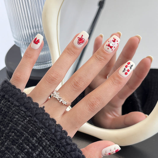 Love-Inspired Short Square Press-On Nails in Elegant White with Charming Red Accents