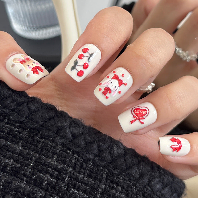Charming Valentine Short Square White Press-On Nail Set Featuring Adorable Love-Themed Designs