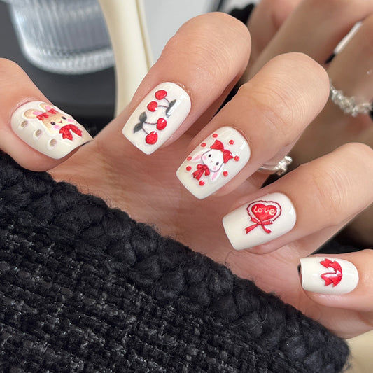 Charming Valentine Short Square White Press-On Nail Set Featuring Adorable Love-Themed Designs