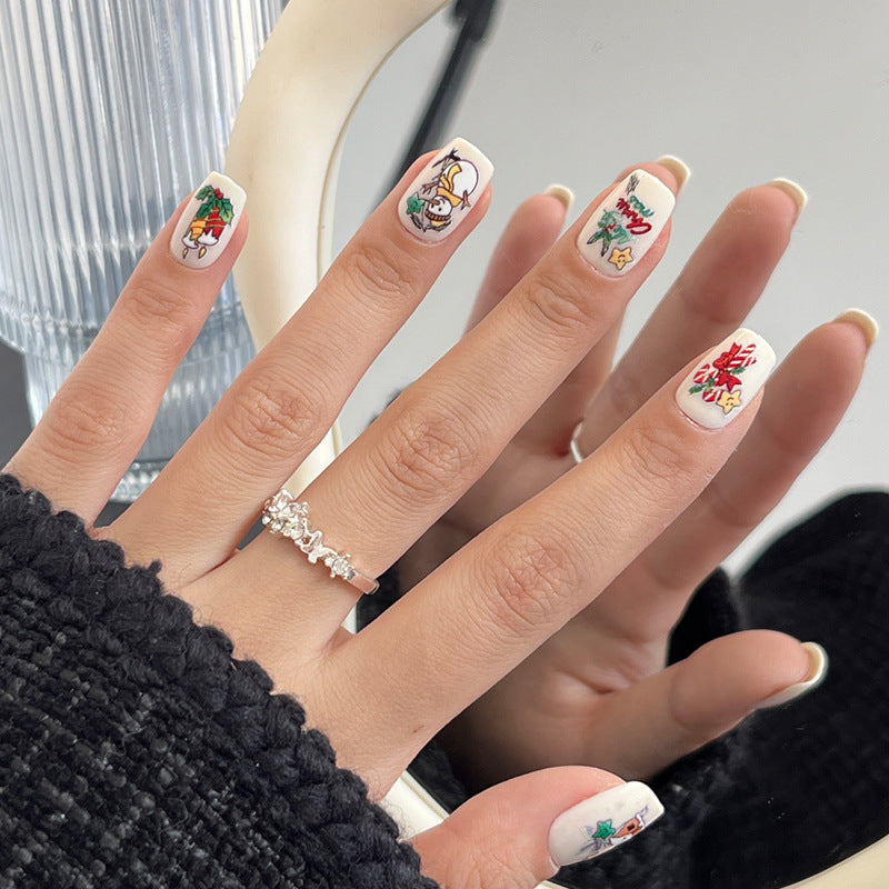 Festive Charm Short Square Shaped White Press On Nail Set with Holiday-Themed Designs