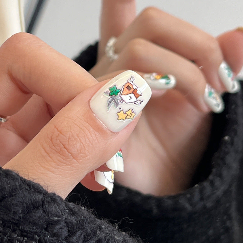 Enchanted Winter Wonderland Short Square White Press On Nail Set with Festive Colorful Designs