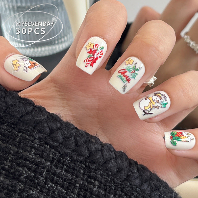 Festive Winter Wonderland Elegant Short Square White Nails with Charming Holiday Illustrations