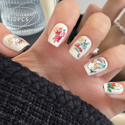 Festive Winter Wonderland Elegant Short Square White Nails with Charming Holiday Illustrations