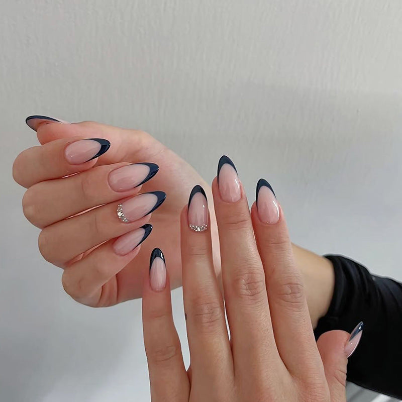 Gothic Elegance Medium Almond Shaped Long Midnight Blue Ombre Press On Nail Set with Sparkling Accent