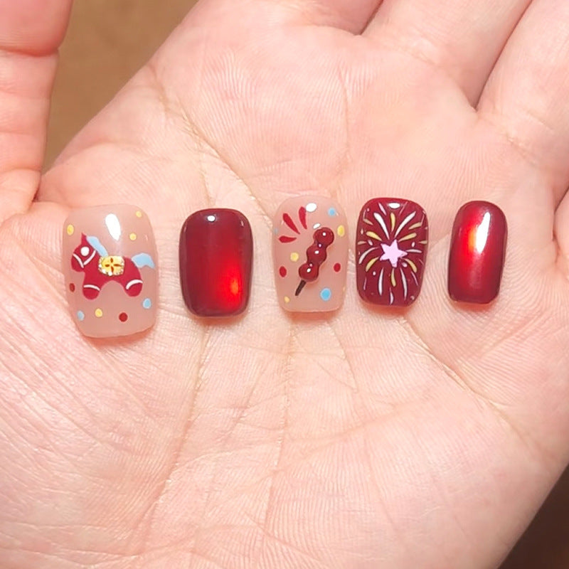 Festival Fun Short Square Red Burgundy Press-On Nail Set with Vibrant Playful Designs