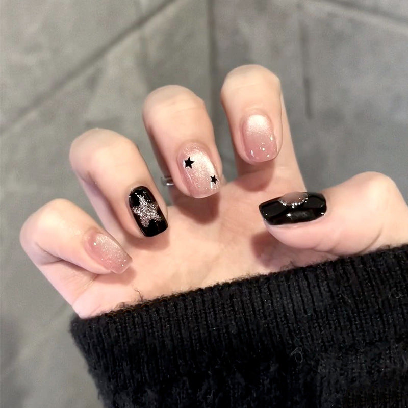 Celestial Charm Medium Square Black Glitter and Sparkly Pink Press On Nail Set