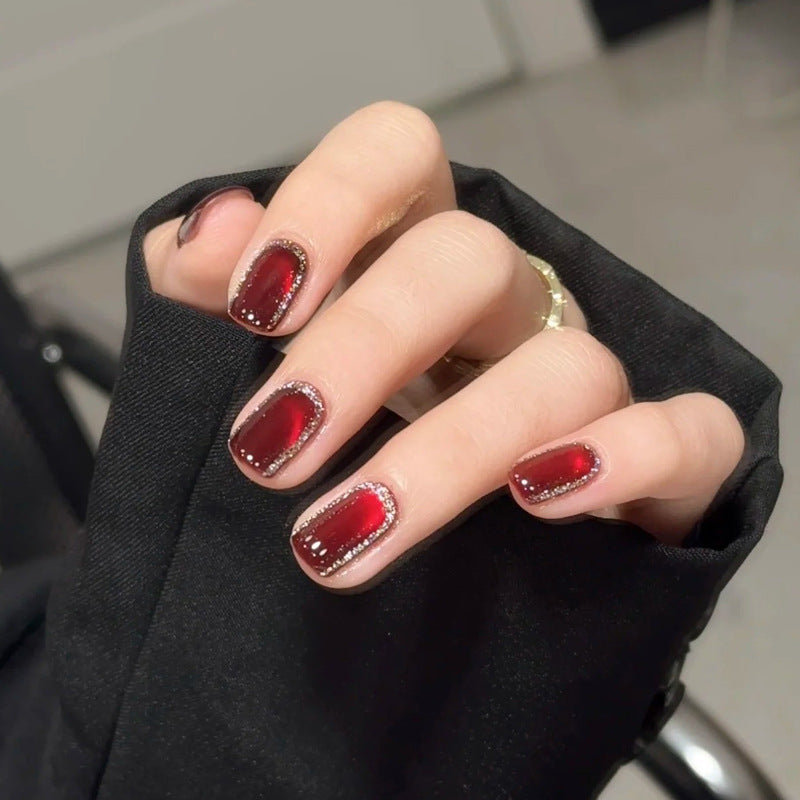 Glamorous Elegance Short Square Deep Red with Sparkling Edge Press on Nail Set