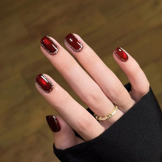 Glamorous Midnight Elegance Short Square Shape Deep Red Color with Dazzling Glitter Tips Press on Nail Set