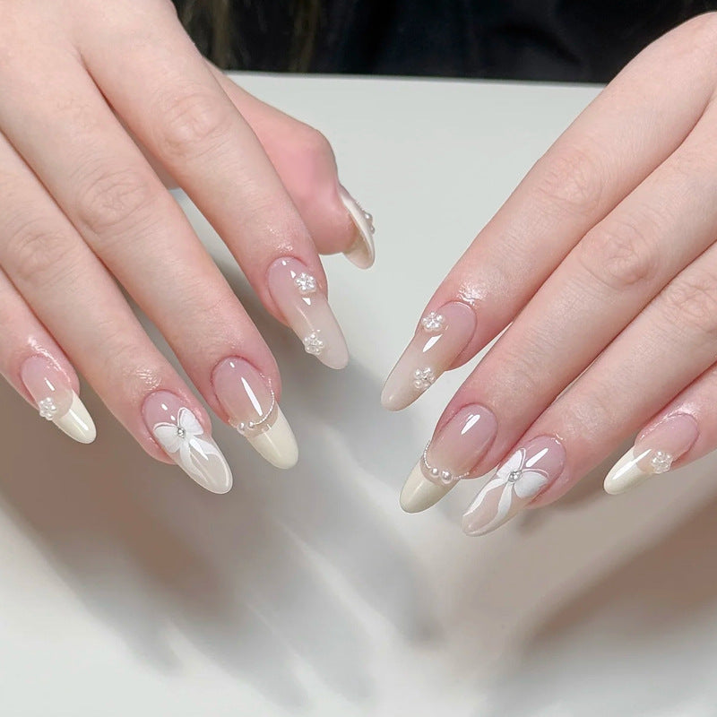 Floral Elegance Long Almond Shape Ivory and Beige with Delicate Flower Accents Press On Nail Set