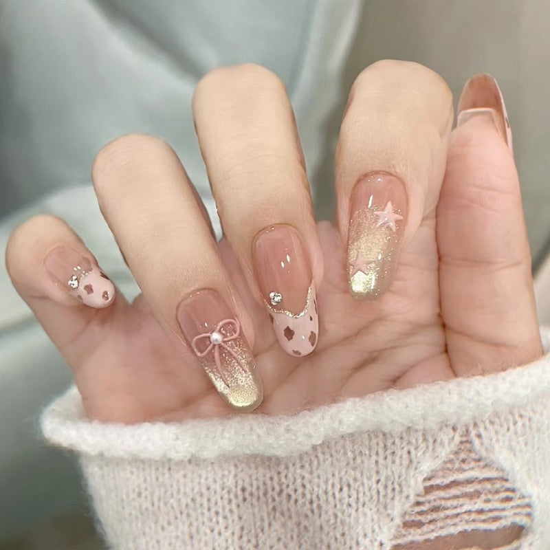 Charming Fairy Tale Long Oval Pink Ombre with Glitter and Cute Bow Accents Nail Set