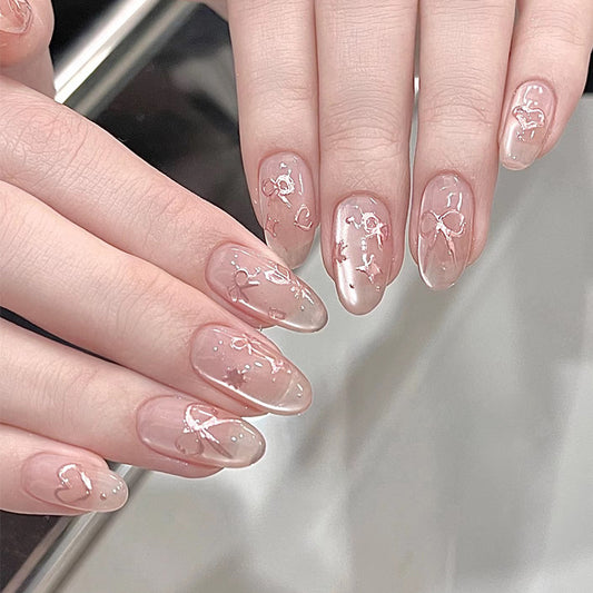 Romantic Charm Medium Almond Soft Pink with Delicate Floral Accents Press Nail Set