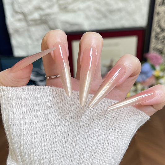 Enchanting Elegance Long Stiletto Ombre Pink Glossy Nail Set with Iridescent Shine