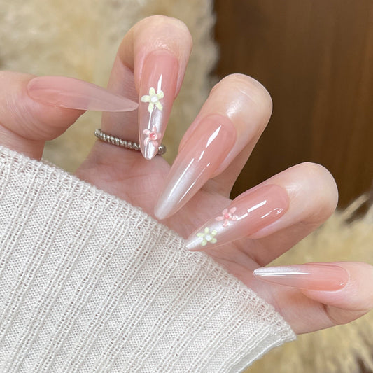 Blossom Elegance Long Stiletto Pink Transparent Press-On Nail Set with Floral Accents