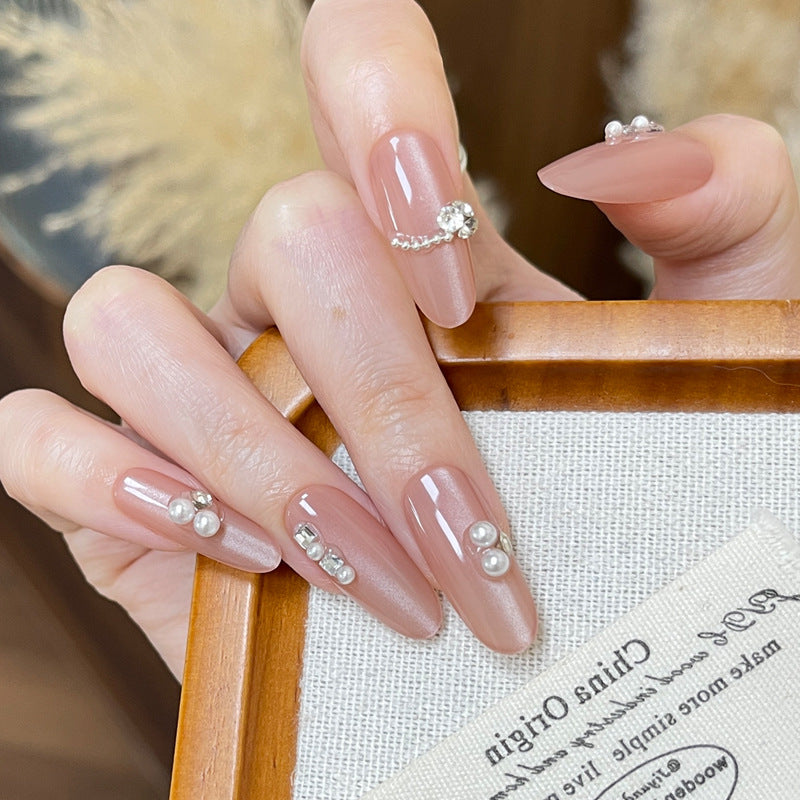 Chic Elegance Long Oval Pink Press On Nail Set with Sparkling Pearl Accents