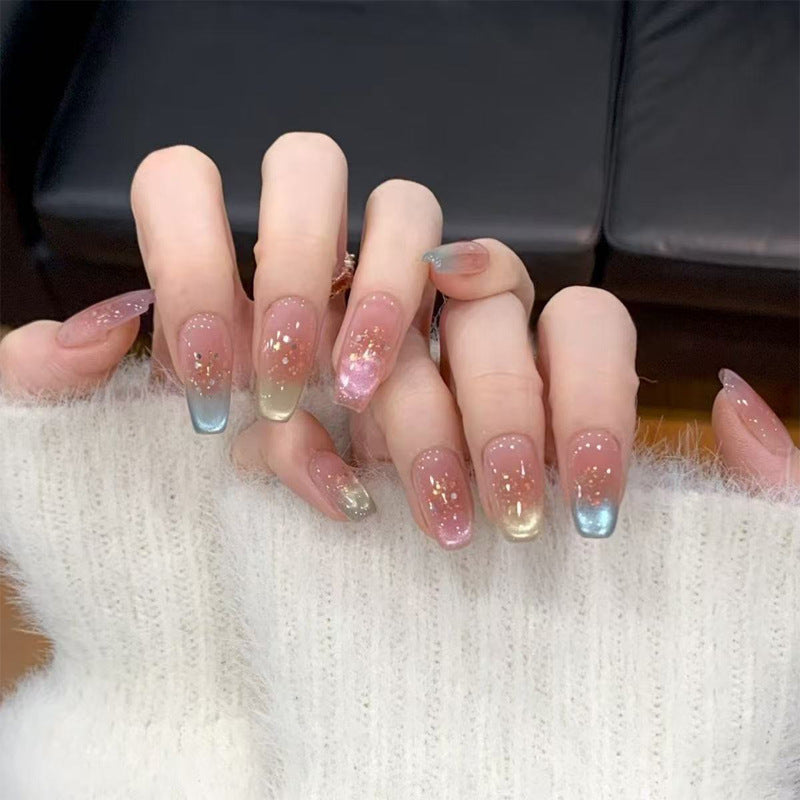 Dreamy Twilight Gradient Long Square Press On Nail Set with Glittering Ombre Tips