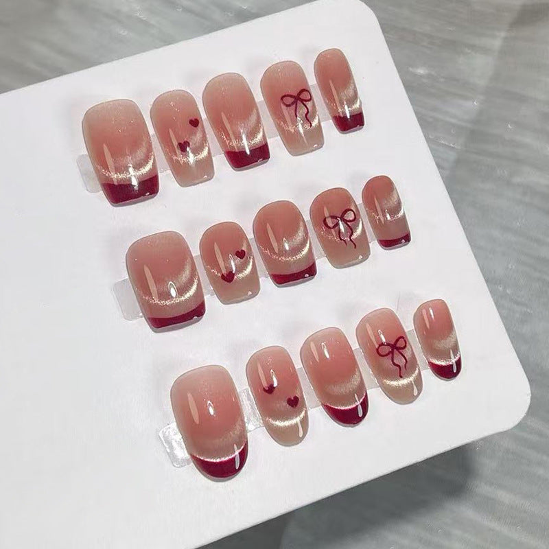 Romantic Elegance Medium Square Pink Ombre with Heart and Bow Designs Press On Nail Set