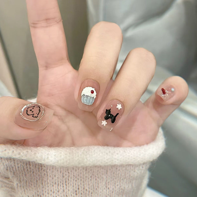 Delightful Dessert Inspired Short Square Clear Press On Nail Set with Cute Cupcake and Cat Designs