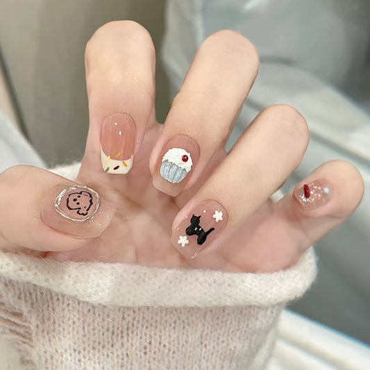 Sweet Treats Dreamy Short Square Press-On Nail Set in Pastel Pink Featuring Whimsical Desserts and Cat Designs