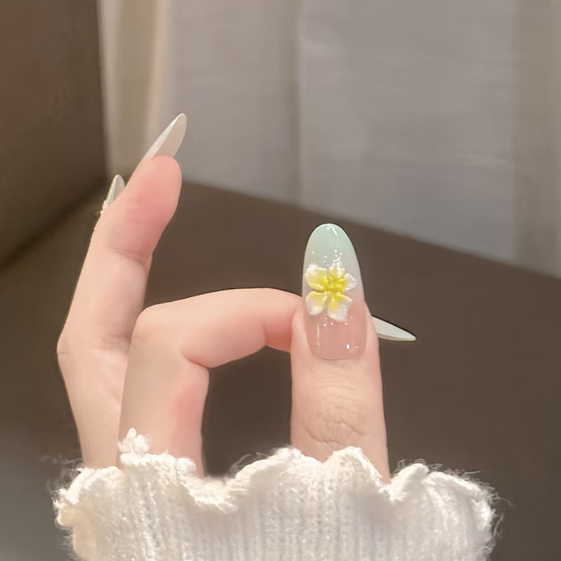 Blooming Serenity Long Oval Mint Green Press On Nail Set with Floral Charm
