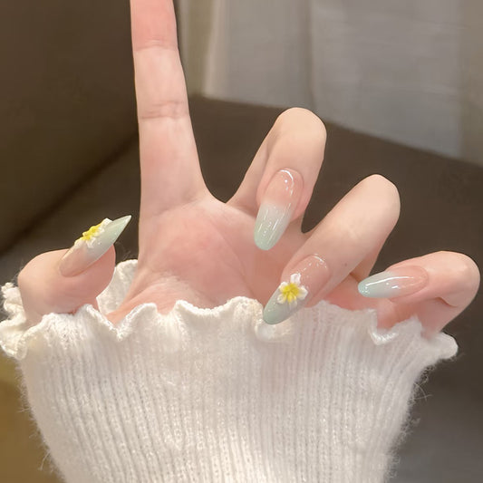 Whimsical Garden Dream Long Oval Mint Green Ombre Press On Nail Set with Flower Accent