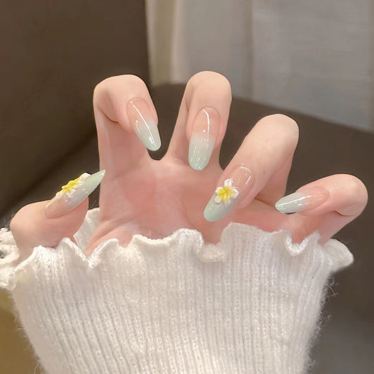 Whimsical Meadow Elegant Long Almond Shaped Long Mint Green Press on Nail Set with Floral Accent
