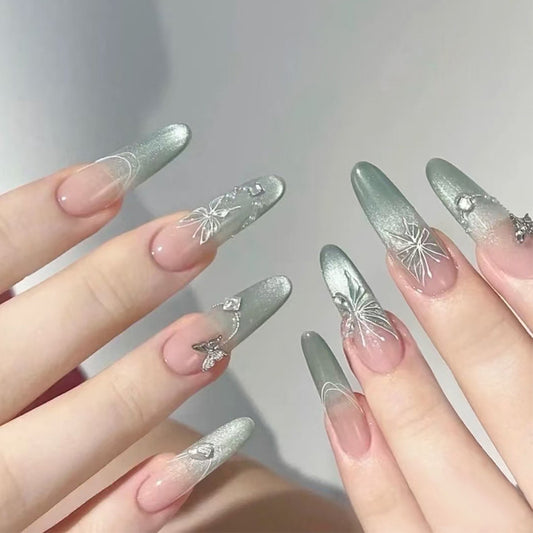 Enchanted Forest Long Almond Gradient Green and Sheer with Sparkling Floral Embellishments Press On Nail Set