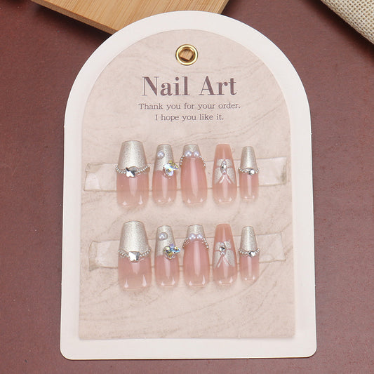 Glamorous Elegance Long Coffin Pink and Silver Press On Nail Set with Sparkling Accents