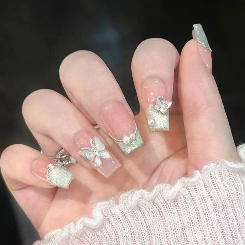 Whimsical Garden Long Square Mint Glitter Press-On Nail Set with Dazzling Floral Accents