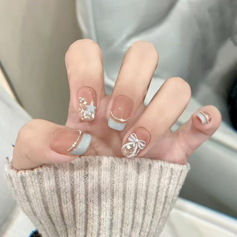 Dreamy Winter Wonderland Long Square Light Blue Glossy Press on Nail Set with Sparkling Accents