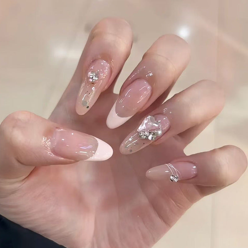Chic Elegance Long Almond Beige with Gemstone Accents Press-On Nail Set