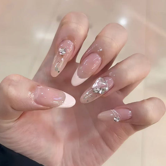 Chic Elegance Long Almond Beige with Gemstone Accents Press-On Nail Set