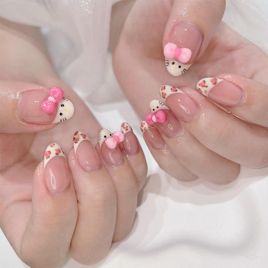Whimsical Kitty Delight Short Almond Pink with Cute Bow and Charm Press On Nail Set