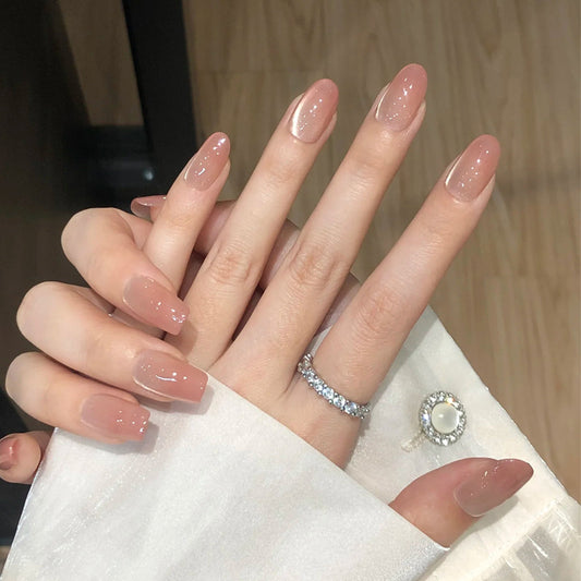 Glamorous Elegance Long Oval Beige Press On Nails with Glossy Finish and Premium Quality