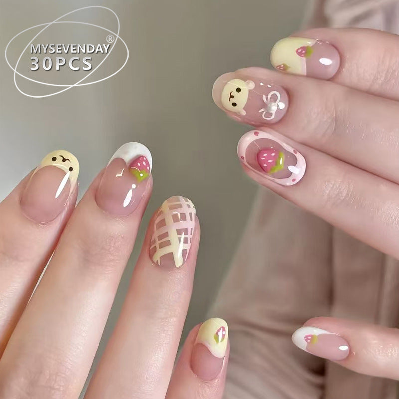 Sweet Strawberry Dream Short Round Yellow and Pink Character Design Press On Nail Set