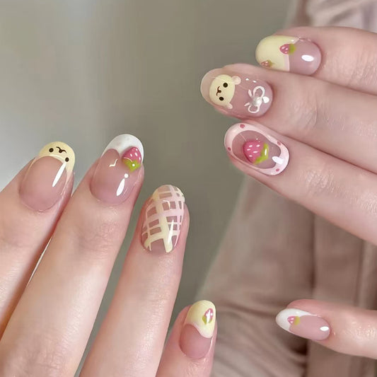 Sweet Dessert Inspired Short Round Shape Light Pink With Whimsical Fruit Designs Press On Nail Set